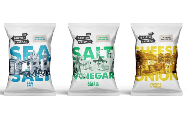 3 packs of crisps in recyclable paper developed with Hydropol polymer technology.