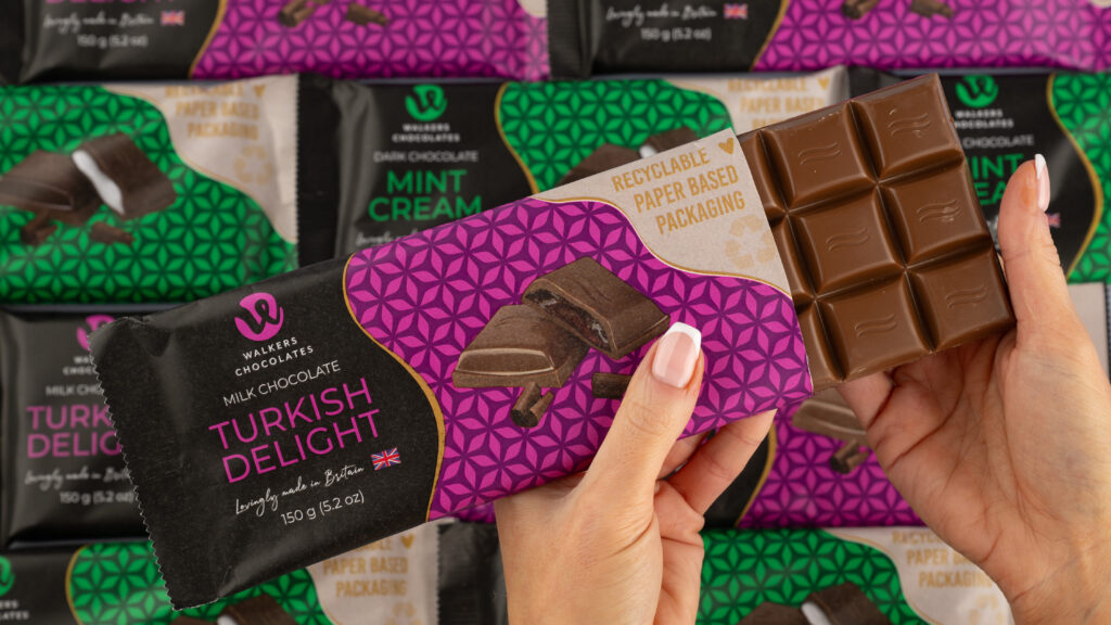 Mint and Turkish Delight Chocolate Bars in wrappers.